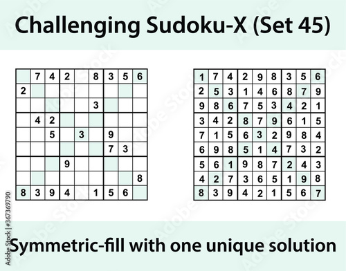 Vector Sudoku X (Sudoku X-Wing) puzzle with solution - challenging level