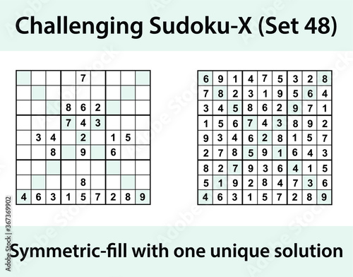 Vector Sudoku X (Sudoku X-Wing) puzzle with solution - challenging level