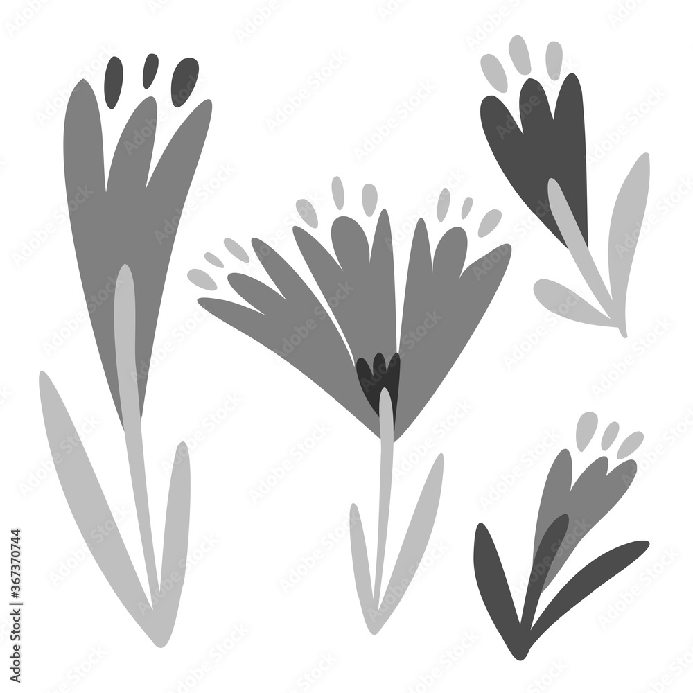Isolated vector black and white set of decorative doodles of flowers Isolated vector black and white set of decorative doodles of flowers