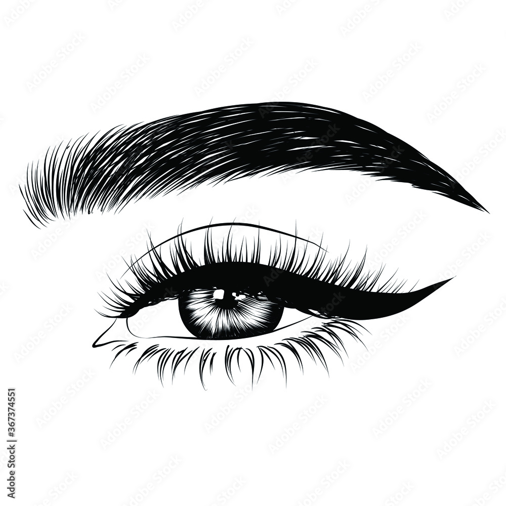 Hand-drawn woman's luxurious eye with perfectly shaped eyebrows and full lashes. Idea for business visit card, typography vector.Perfect salon look. Hand-drawn woman's luxurious eye with perfectly shaped eyebrows and full lashes. Idea for business visit card, typography vector.Perfect salon look.