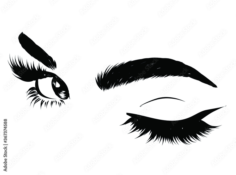 Hand-drawn woman's luxurious eye with perfectly shaped eyebrows and full lashes. Idea for business visit card, typography vector.Perfect salon look Hand-drawn woman's luxurious eye with perfectly shaped eyebrows and full lashes. Idea for business visit card, typography vector.Perfect salon look