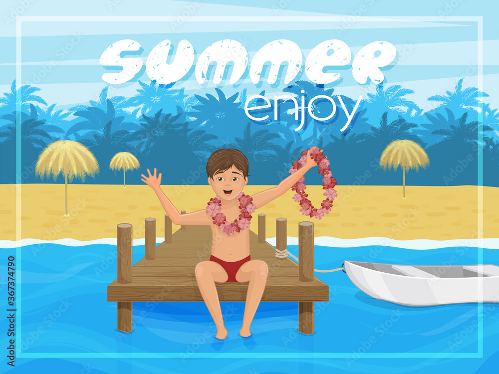 Summer postcard with a tropical landscape and a boy. Enjoy summer. Paradise island. Blue sea. Cartoon style. Object for greeting card, packaging, advertising, or template. Vector illustration. Summer postcard with a tropical landscape and a boy. Enjoy summer. Paradise island. Blue sea. Cartoon style. Object for greeting card, packaging, advertising, or template. Vector illustration.