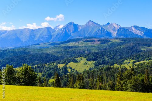 Panorama of Tatra Mountains on beautiful summer sunny day, Lapszanka Pass, Poland