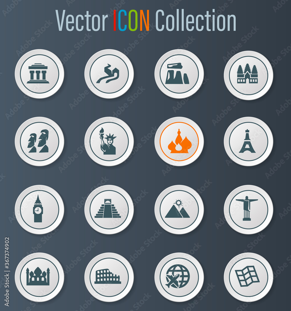 Travel and Wonders icons set Travel and Wonders icons set