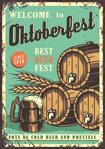 Retro poster with beer mug, barrel and barley