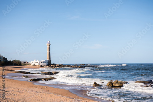 Postcard view of the beach and the lighthouse. Jose Ignacio, Maldonado, Uruguay