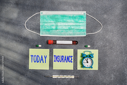 Handwriting text writing Insurance. Conceptual photo coverage by contract whereby one party undertakes to guarantee Extracted blood sample vial with medical accessories ready for examination photo