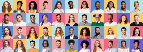 Collage Of Smiling People Faces On Bright Colored Backgrounds, Panorama