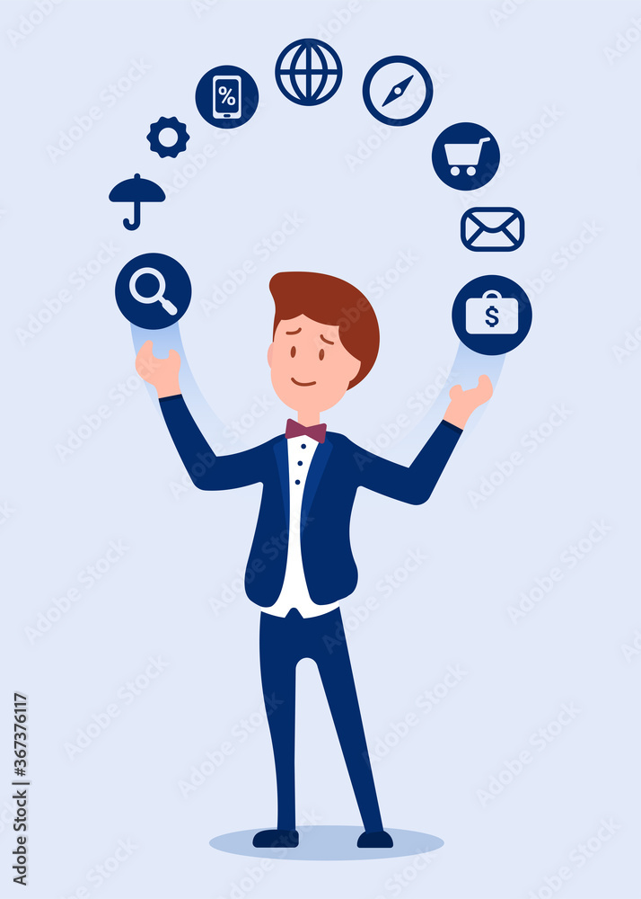 A full-length businessman stands and juggles with business icons. Man in a tuxedo. Acrobat. Vector business concept. Flat style. Can be used for poster or smartphones. EPS 10. A full-length businessman stands and juggles with business icons. Man in a tuxedo. Acrobat. Vector business concept. Flat style. Can be used for poster or smartphones. EPS 10.