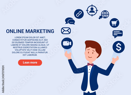 Young marketer juggles icons and services to promote business and product. Online marketing anywhere in the world. A man in a blue suit. Flat style. Can be used as a web banner or on websites. EPS 10.