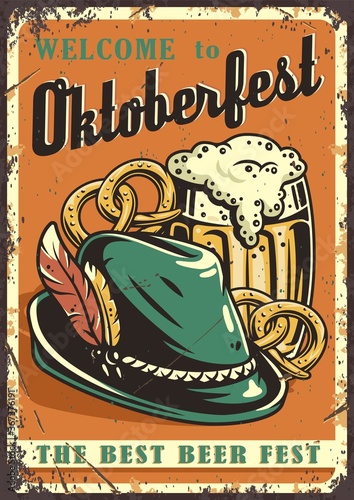Retro poster with bavarian hat and pretzels