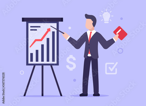 The modern concept of decision business problems. A man in a business suit looking for the best way to make business more efficient. Web banner. Vector illustration in modern flat style. EPS 10.