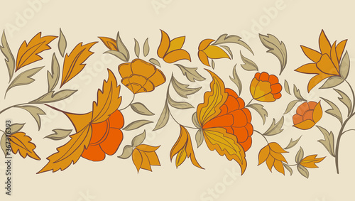 Floral border. Orange vintage flowers and gold leaves. Vector print on white background.