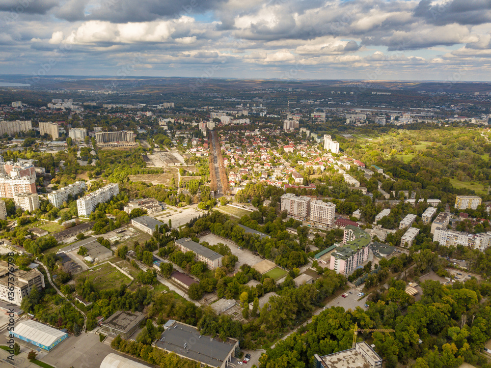 Panorama of the city in cloudy weather top view. Kishinev, Moldova republic of.