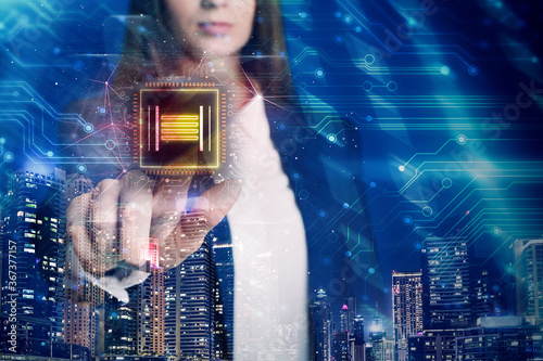 Multiple exposure of businesswoman touching chip and night cityscape, closeup