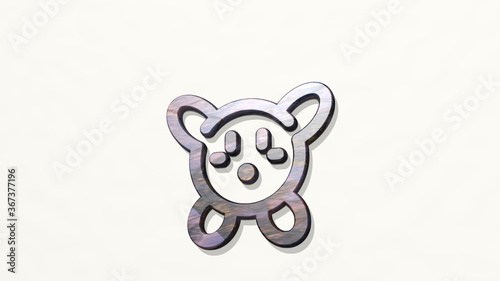 VIDEO GAME KIRBY from a perspective on the wall. A thick sculpture made of metallic materials of 3D rendering. illustration and background photo