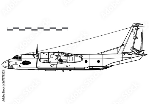 Antonov An-26, Curl. Vector drawing of military transport aircraft. Side view. Image for illustration and infographics.