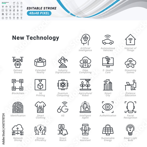 Thin line icons set of new technology. Premium quality outline symbols, editable stroke. Pixel perfect. Vector illustrations for website and app development, business presentation, marketing material.