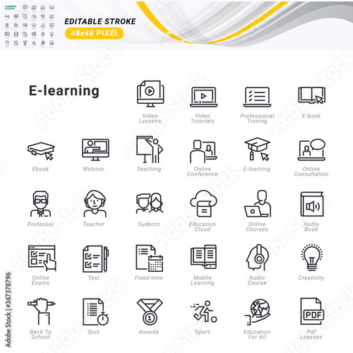 Thin line icons set of e-learning. Premium quality outline symbols, editable stroke. Pixel perfect. Vector illustrations for website and app development, business presentation, marketing material.
