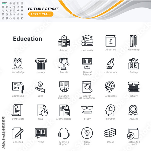Thin line icons set of education. Premium quality outline symbols, editable stroke. Pixel perfect. Vector illustrations for website and app development, business presentation, marketing material.