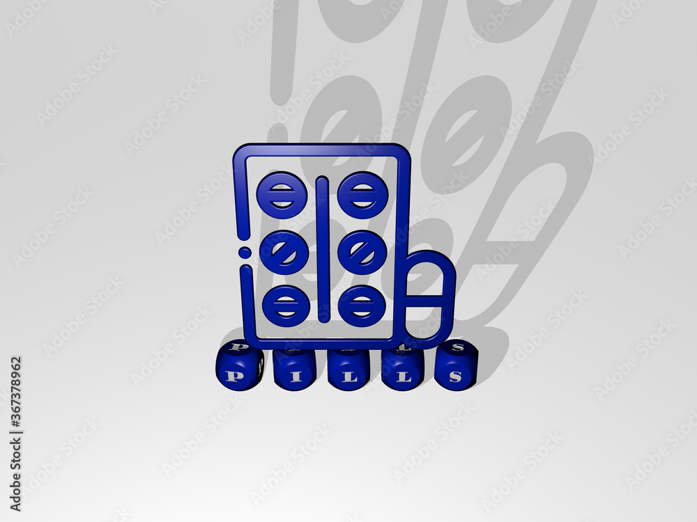Obraz premium 3D illustration of pills graphics and text made by metallic dice letters for the related meanings of the concept and presentations. background and medicine