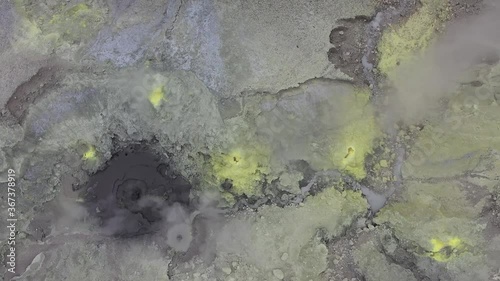 A drone shot of a mud geyser bubbling with yellow sulfur on top of Mount Garbuna in Papua New Guinea. Lots of patterns and shapes due to the lava coming from the volcanic eruption. photo
