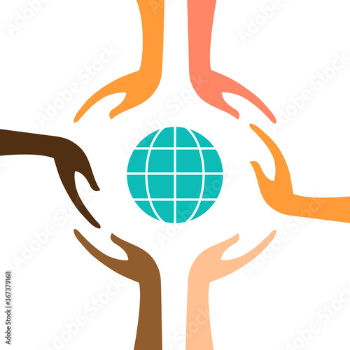 Hands with different colors with a globe vector