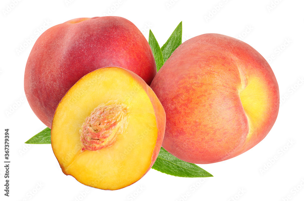 peaches with a slice isolated on white background - obrazy, fototapety, plakaty 