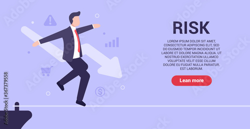 Business risk concept. A man in a business suit walks along a thin cord, risking falling into the abyss and losing his business and money. Web banner. Vector illustration in modern flat style. EPS 10.