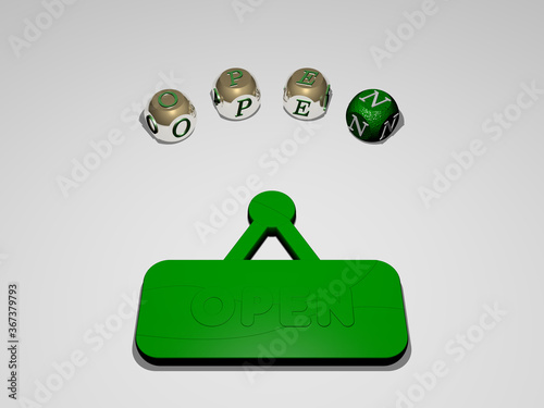 3D illustration of open graphics and text around the icon made by metallic dice letters for the related meanings of the concept and presentations. background and white