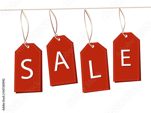 It's time for seasonal discounts and sales. A set of red labels, which hang at different levels with the inscription of discounts.