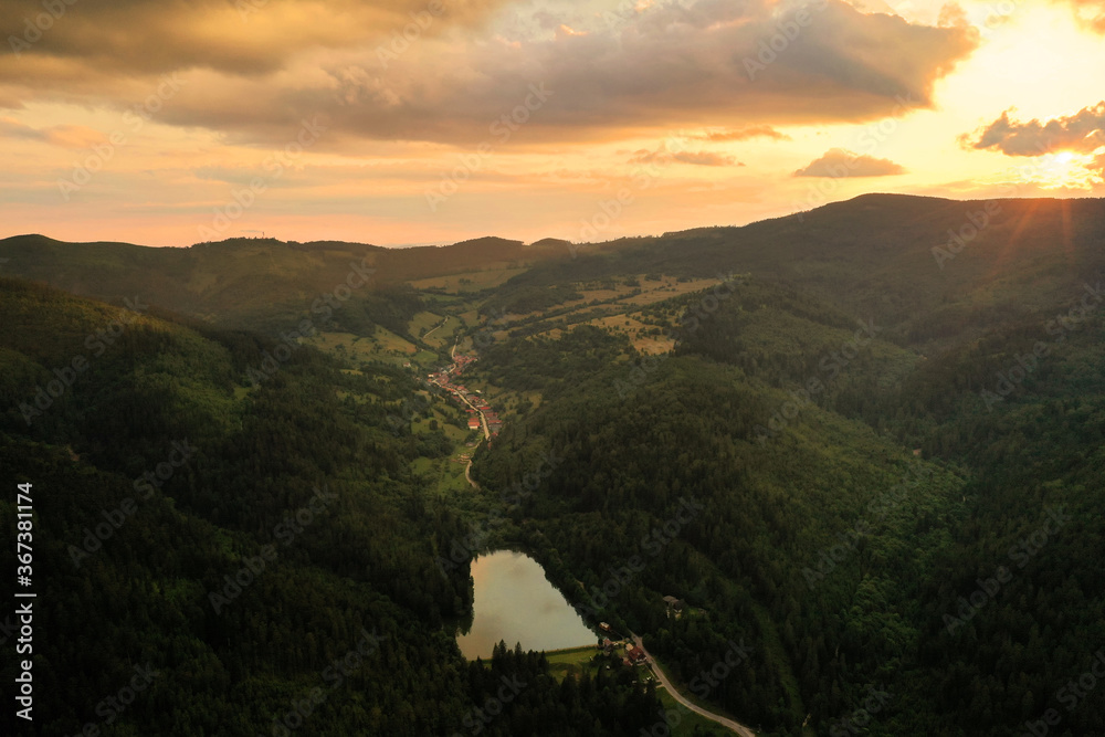 Aerial view of sunset on Uhorna lake in Slovakia