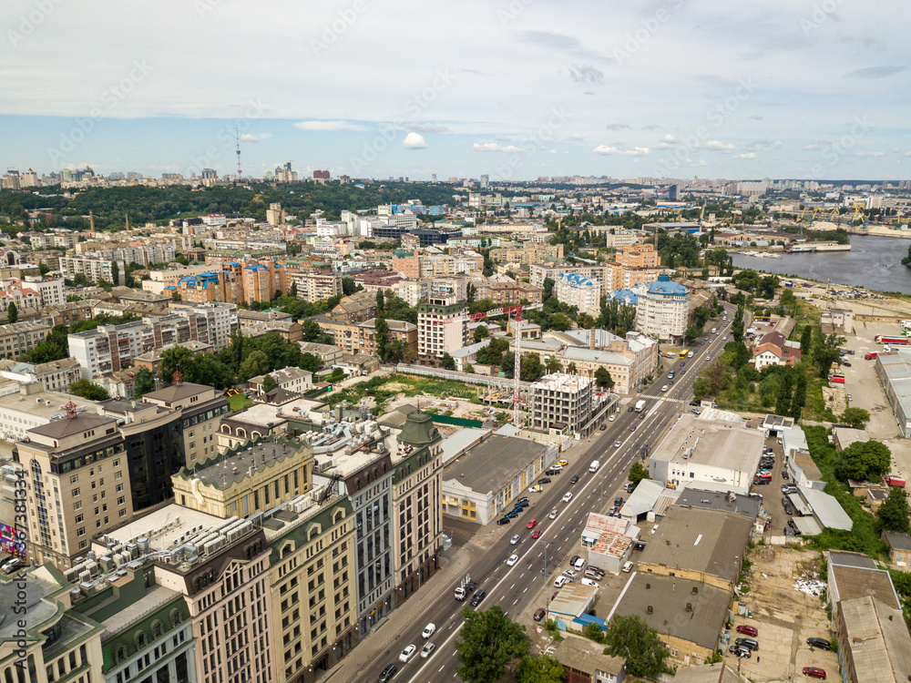 Aerial drone view. View of the Podil in Kiev.