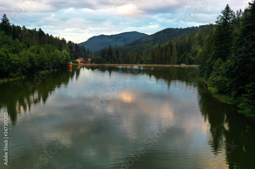 Aerial view of lake in Uhorna village in Slovakia photo