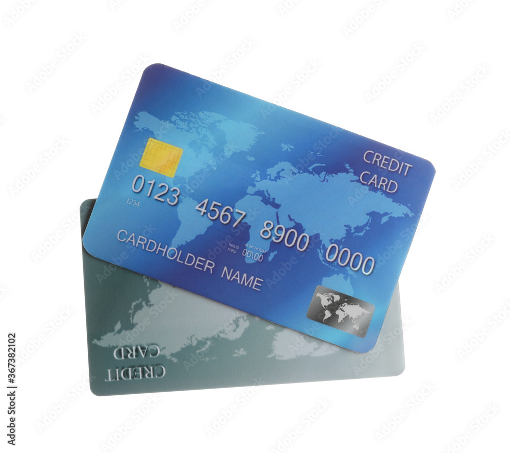 Different plastic credit cards on white background Different plastic credit cards on white background