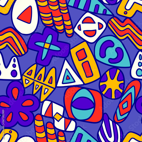vector doodle colorful freeform and geometric seamless pattern on blue