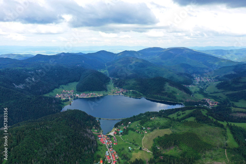 Aerial view of the Palcmanska masa water reservoir in the village of Dedinky