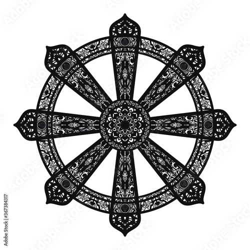 Dharma Wheel graphic design and path of Nirvana vector mandala art..