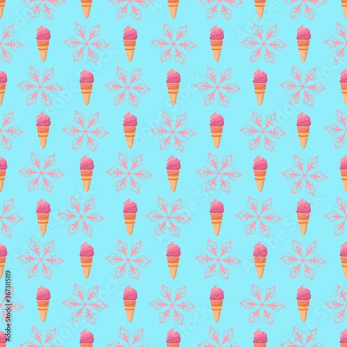 Ice cream cone seamless pattern and snowflakes seamless pattern. Christmas background with snow and a delicious treat.