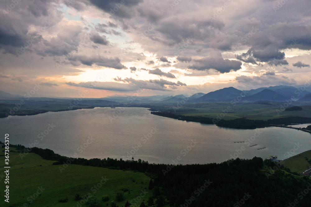 View of the sunset on the Liptovska Mara reservoir in Slovakia