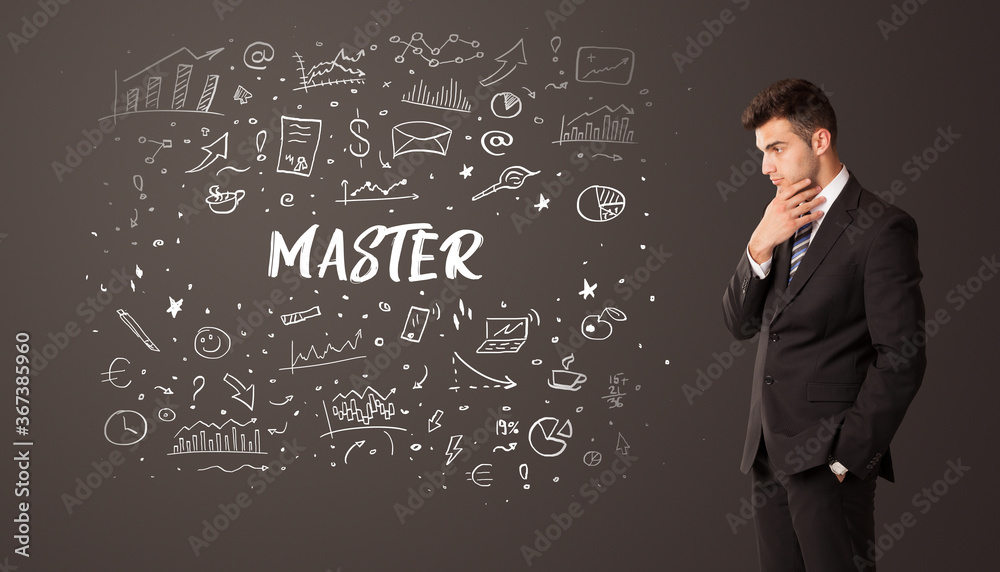 Businessman thinking with MASTER inscription, business education concept