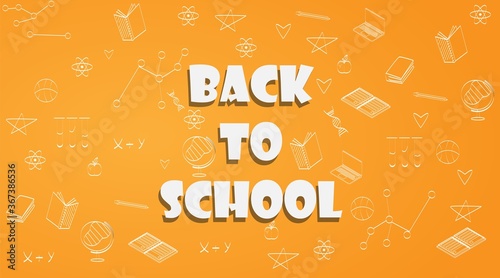 Back-To-School Text Over Orange Background With Books And Supplies, Vector