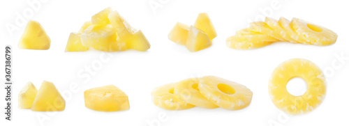 Set of canned pineapple rings and pieces on white background, banner design