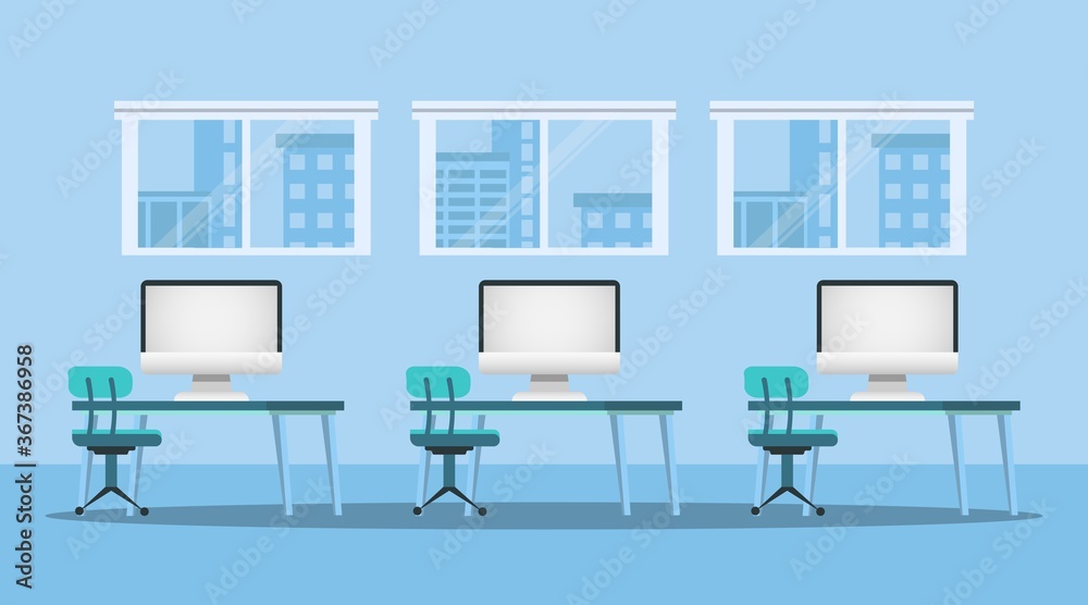 Fototapeta premium Computer Classroom With No Pupils Indoor, Blue Background, Vector Illustration