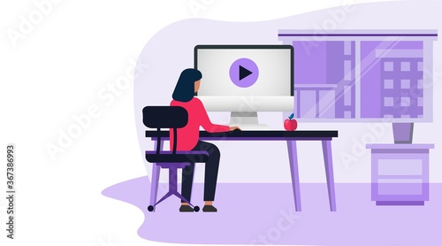 Girl At Computer Learning Watching Video Course Indoor, Purple Background