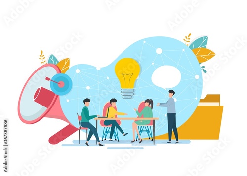 Illustration With Office People, Megaphone And Lightbulb On White Background