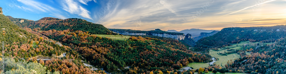 Panoramic autumn landscape (Collsacabra Mountains, Sau Reservoir, Catalonia, Spain)
