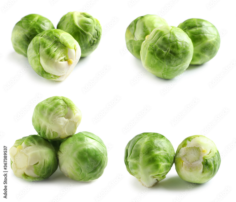 Set of fresh Brussels sprouts on white background Set of fresh Brussels sprouts on white background