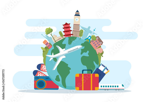 Landmarks of America, Asia, Europe, Great Britain around globe