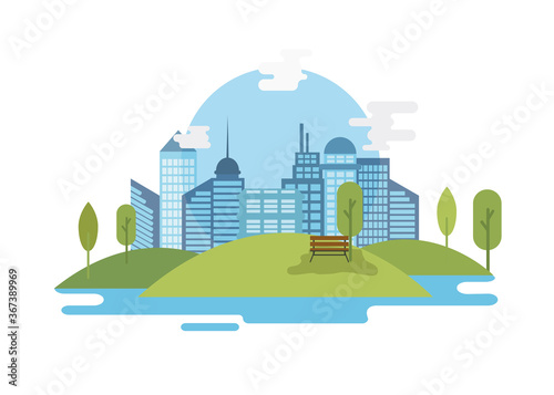 Vector illustration of multi-storey buildings with park and lake